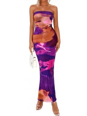 Women's Purple Floral Summer Strapless Maxi Dress Formal Tube Mesh Dress